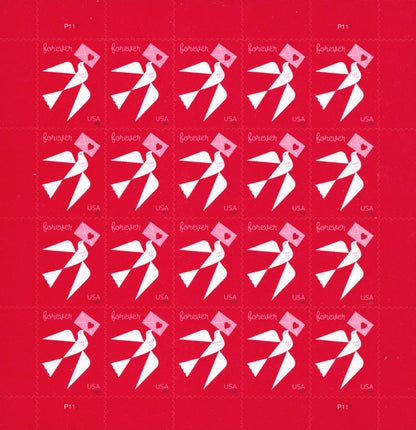 Sheet of 20 US Love series Forever stamps on red background featuring white and pink origami crane designs, arranged in a 4x5 grid with "forever" and "USA" text on each stamp.