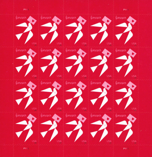 Sheet of 20 US Love series Forever stamps on red background featuring white and pink origami crane designs, arranged in a 4x5 grid with "forever" and "USA" text on each stamp.