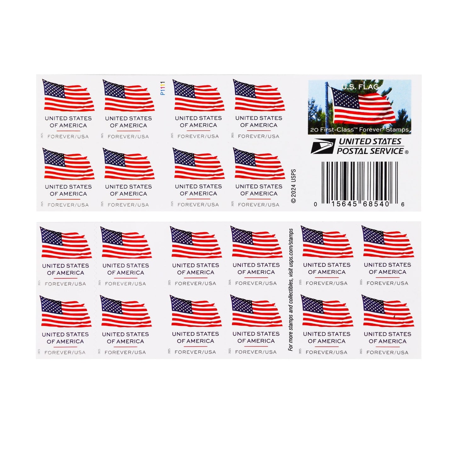 Sheet of 20 U.S. Flag Forever stamps, each featuring the American flag with "UNITED STATES OF AMERICA" and "FOREVER/USA" text. Includes USPS branding, barcode, and "20 First-Class Forever Stamps" label on the right side