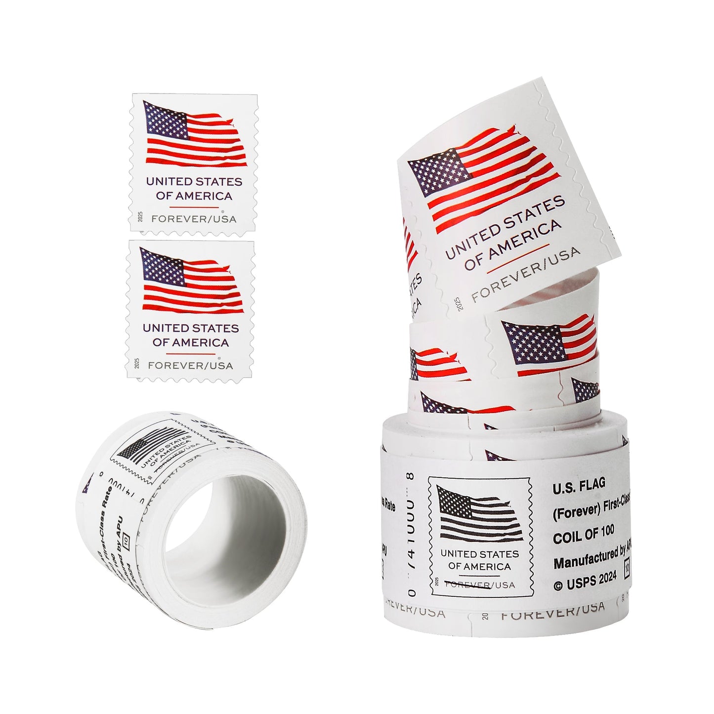 Multiple formats of U.S. Flag Forever stamps: two individual stamps on the left, a coil of 100 stamps in the center showing "U.S. FLAG (Forever) First-Class COIL OF 100" packaging, and a loose roll of stamps on the right, all featuring the American flag design with "UNITED STATES OF AMERICA" and "FOREVER/USA" text.