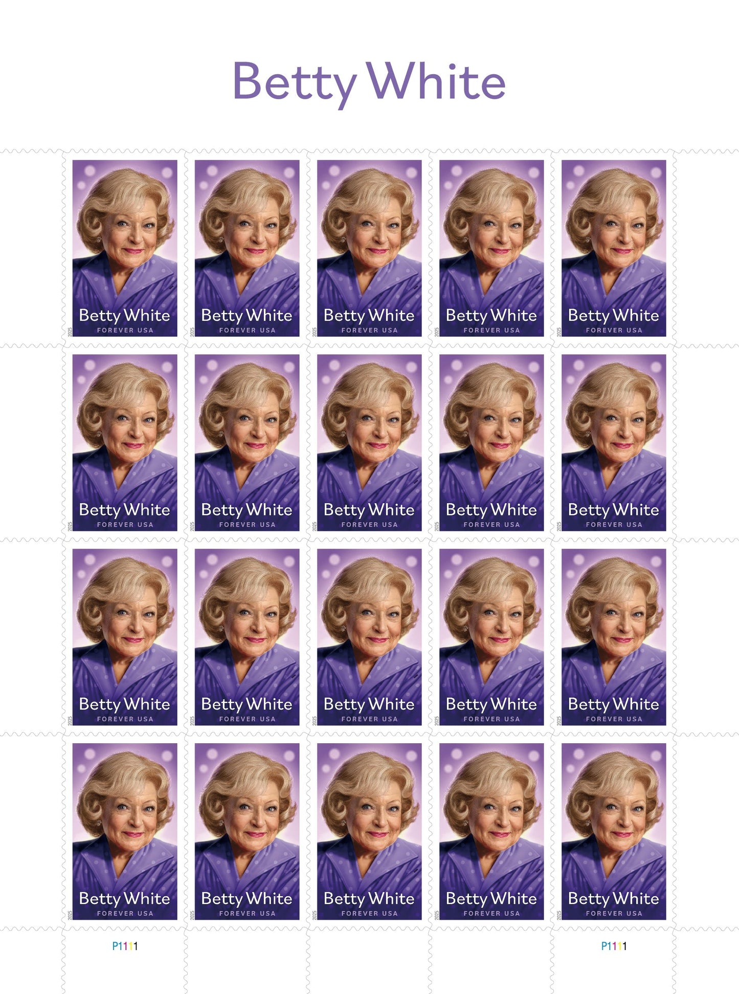 Betty White Forever stamp sheet with 20 identical stamps featuring the actress in a purple outfit, labeled "Betty White FOREVER USA" with perforated edges.