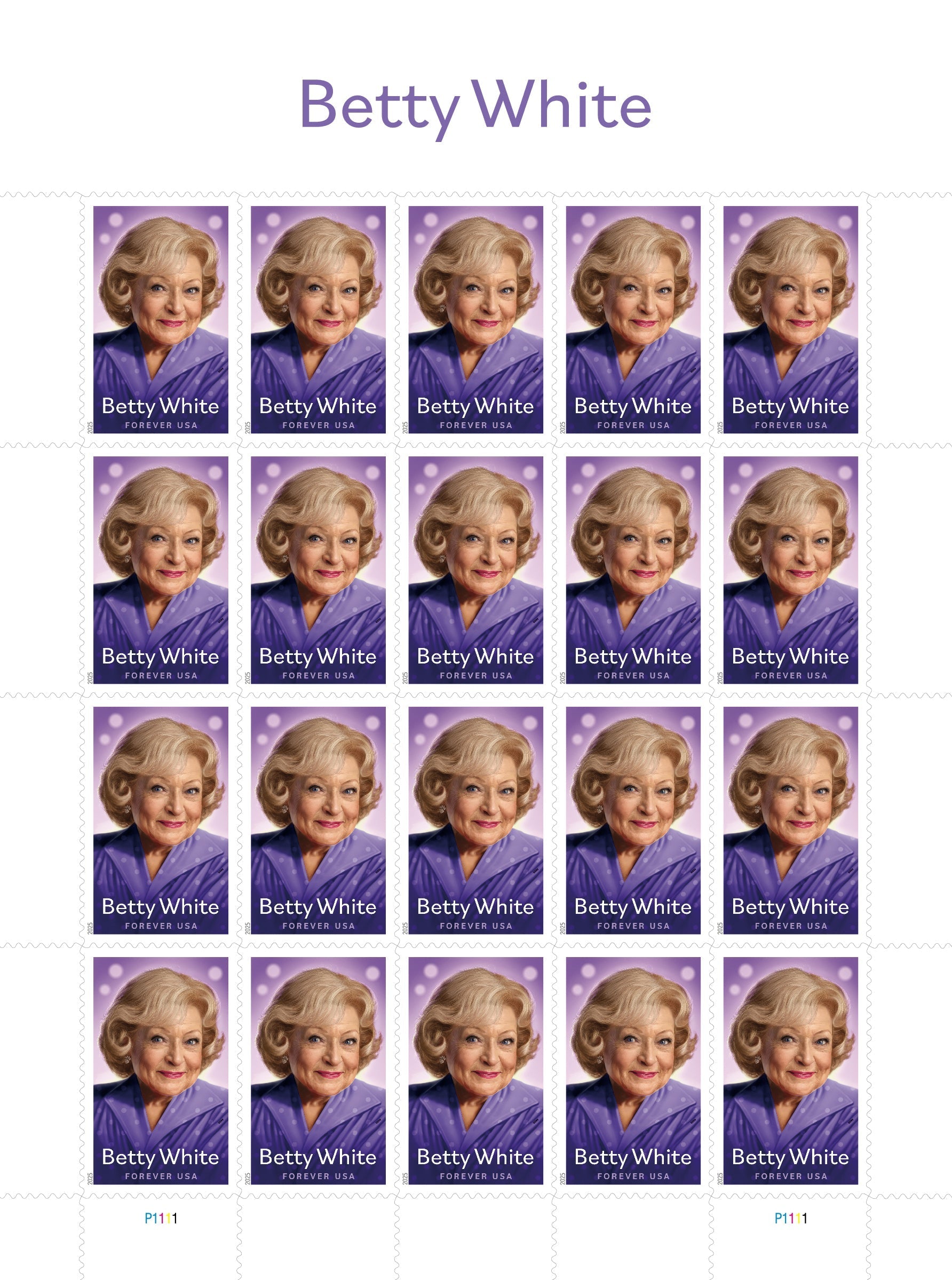 Betty White Forever stamp sheet with 20 identical stamps featuring the actress in a purple outfit, labeled "Betty White FOREVER USA" with perforated edges.