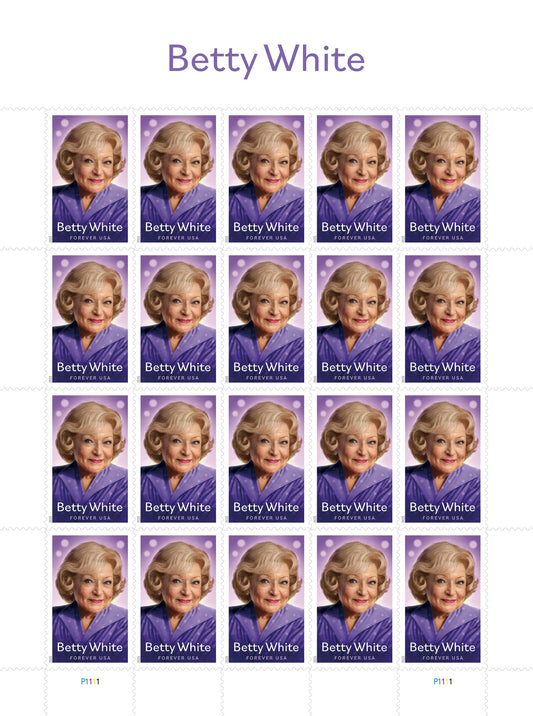 Betty White Forever stamp sheet with 20 identical stamps featuring the actress in a purple outfit, labeled "Betty White FOREVER USA" with perforated edges.