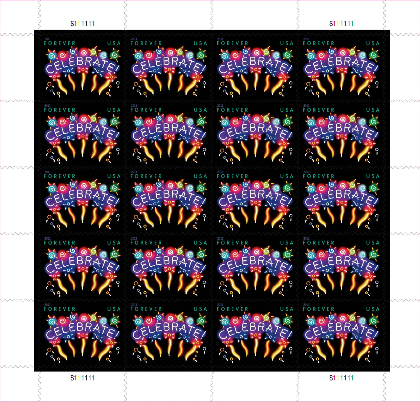 Sheet of 20 "CELEBRATE!" 2011 Forever USA stamps featuring colorful fireworks display with golden bursts and multicolored decorative elements on black background