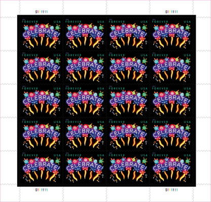 Sheet of 20 "CELEBRATE!" 2011 Forever USA stamps featuring colorful fireworks display with golden bursts and multicolored decorative elements on black background