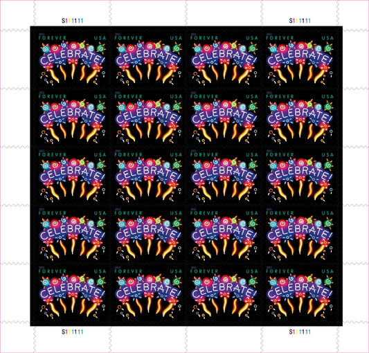 Sheet of 20 "CELEBRATE!" 2011 Forever USA stamps featuring colorful fireworks display with golden bursts and multicolored decorative elements on black background