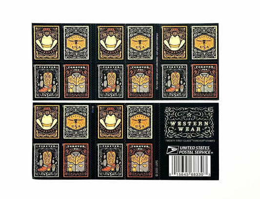 Western Wear (Cowboy Hat, Belt Buckle, Cowboy Boot with Spur, Western Shirt) Forever Postage Stamps image 0